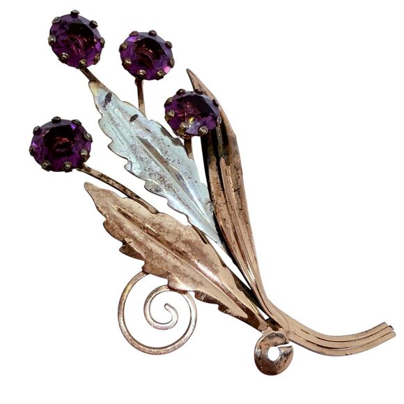Vintage sterling silver amethyst glass large designer flower brooch